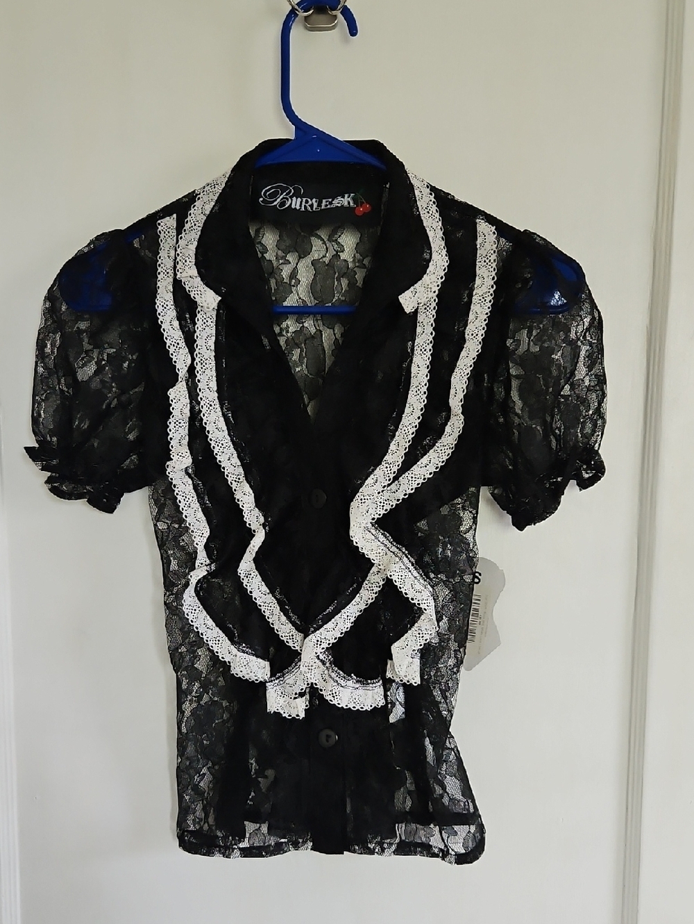 Burleska Black Lace Ruffled Blouse with White Trim